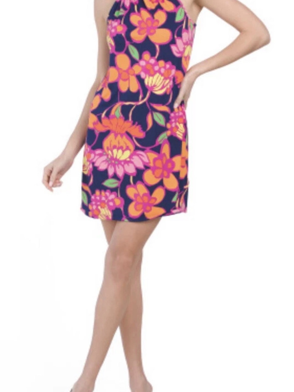 Trina Turk Navy Floral Halter Mini with Pink, Orange & Yellow